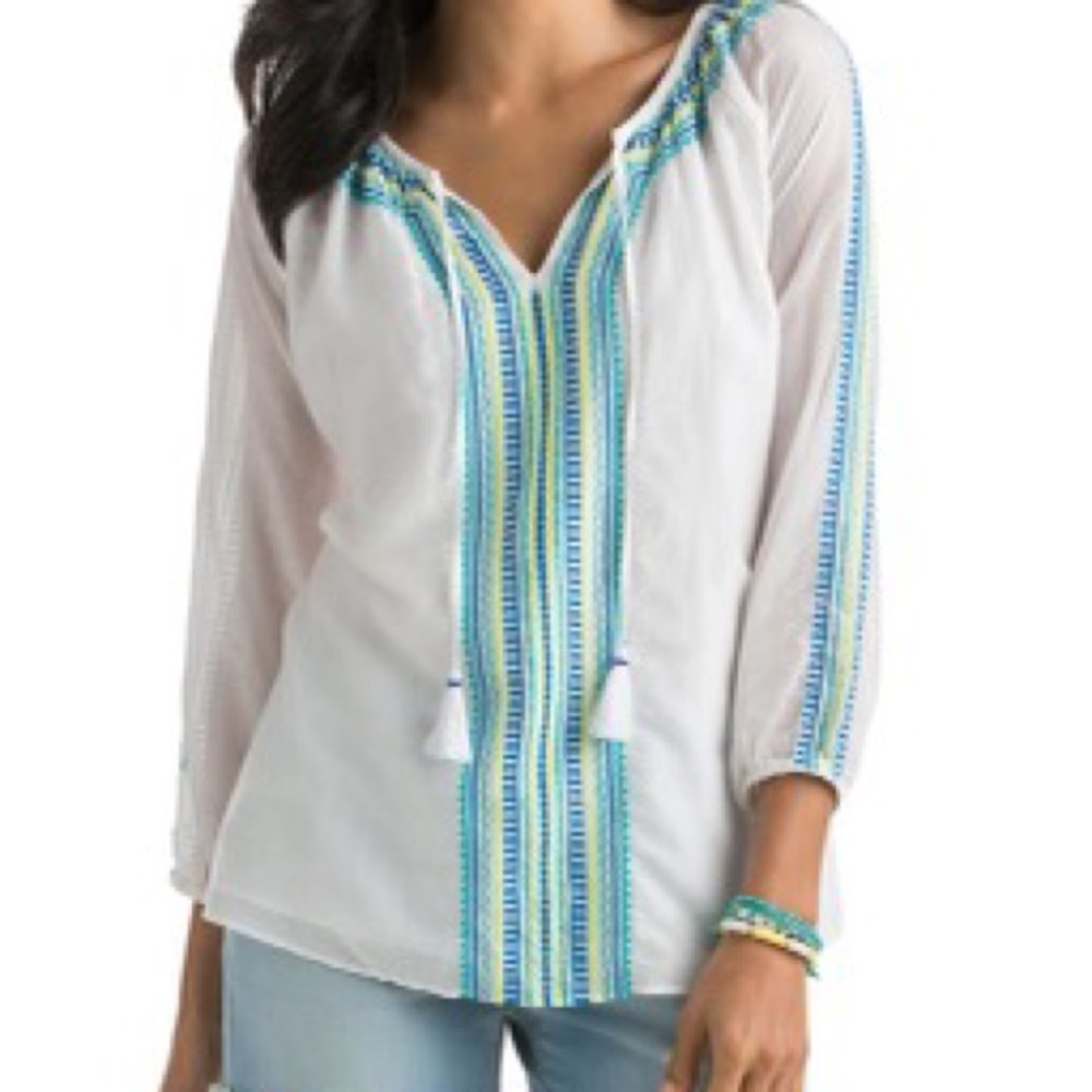 Vineyard Vines White Embroidered Tunic Peasant Top w/Tassel Tie S
